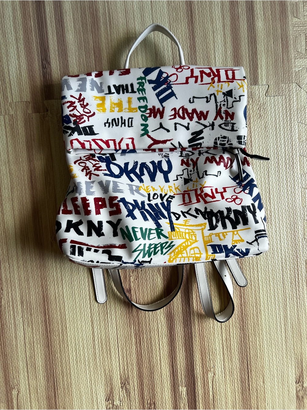 DKNY White Graffiti Logo Backpack with Multicolor Print